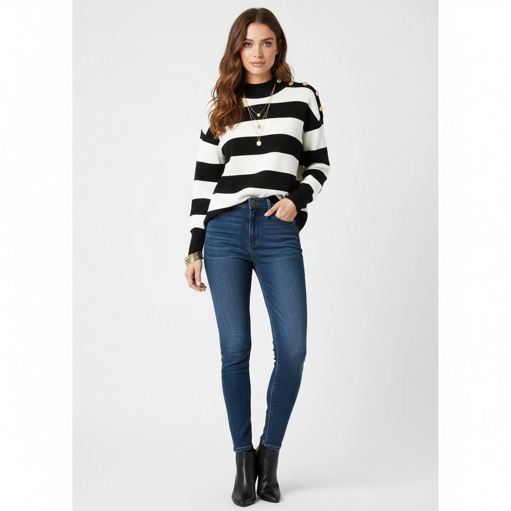 Marled Sweater Womens L Black White Striped Old Money Preppy Nautical Cozy Knit